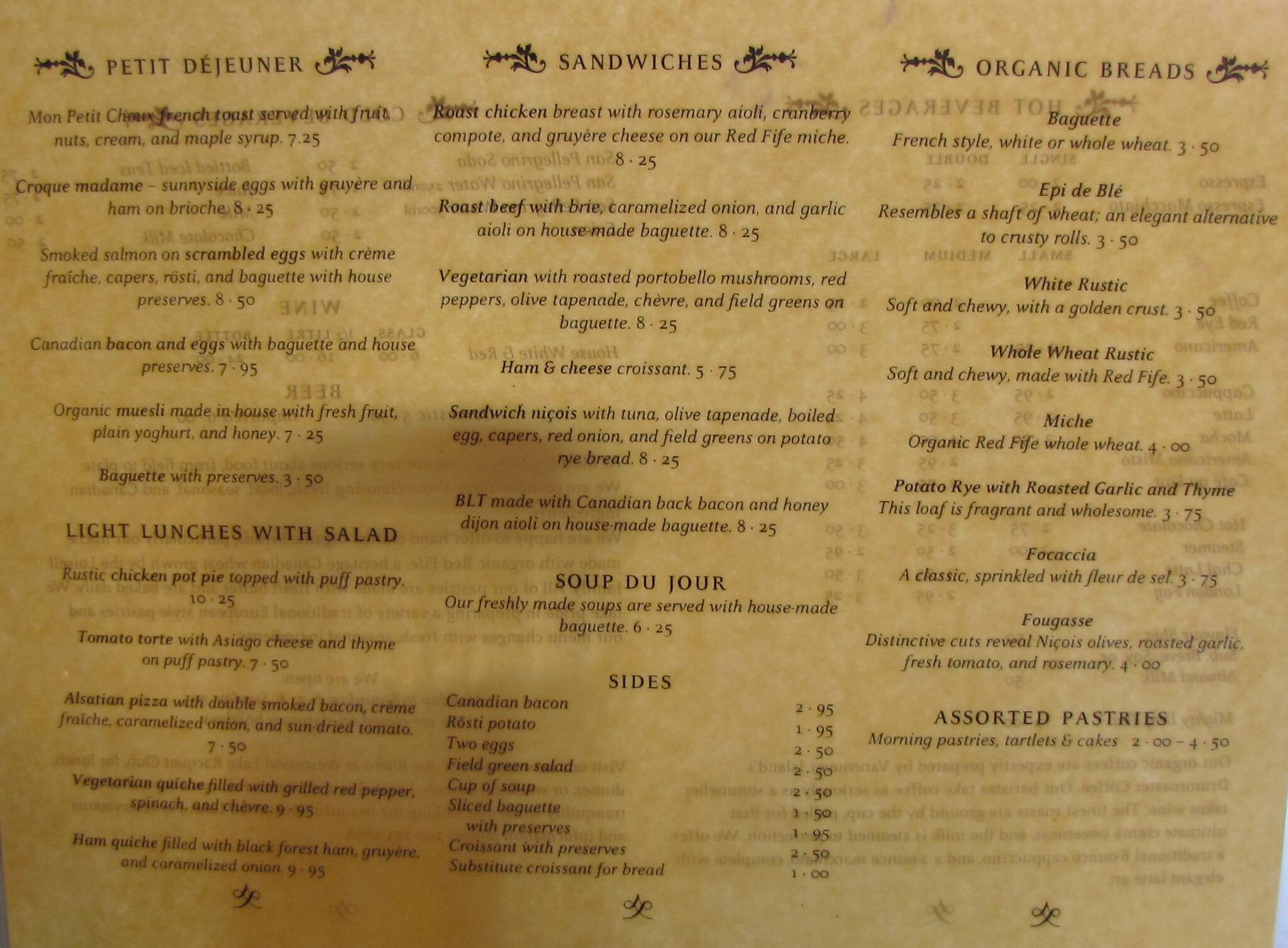 Mon Petit Choux Bakery Cafe Menu