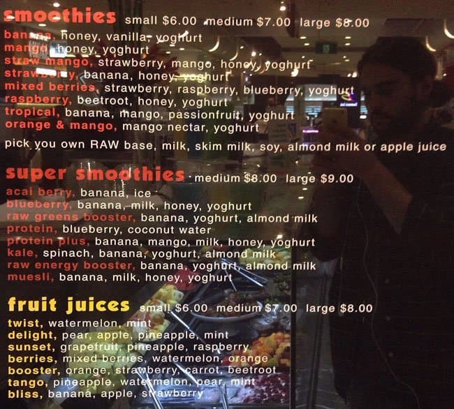 Raw Juice Bar Menu, Menu for Raw Juice Bar, Chatswood, Sydney