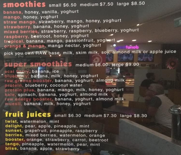 Raw Juice Bar Menu, Menu for Raw Juice Bar, Chatswood, Sydney