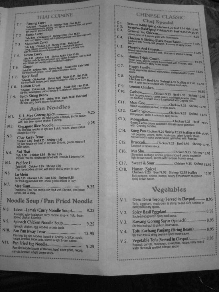 Menu at Malaya Restaurant Thai, Malaysian & Chinese Cuisine, Atlanta