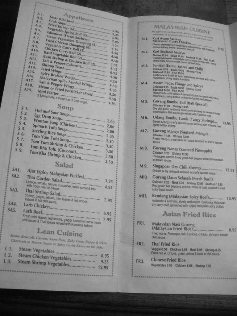 Menu at Malaya Restaurant Thai, Malaysian & Chinese Cuisine, Atlanta