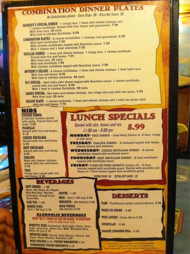 Menu at Herbert's Taco Hut restaurant, San Marcos