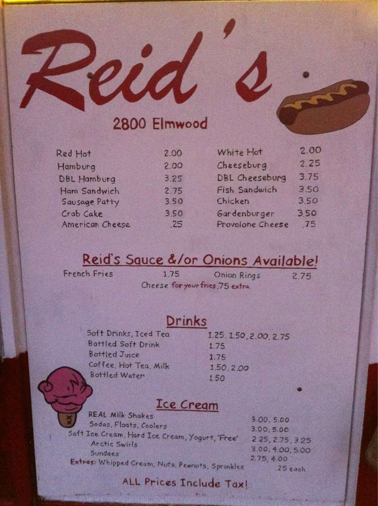 Reid's Elmwood menu, Menu restauracji Reid's Elmwood, Kenmore, Buffalo