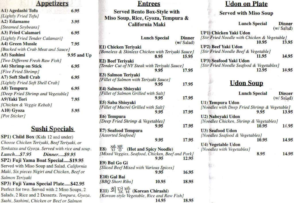 Fujiyama japanese steakhouse clinton menu