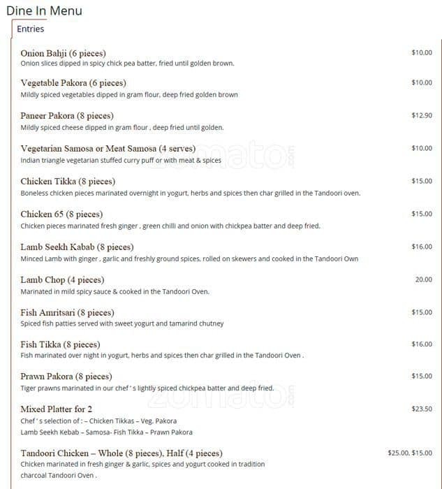 Saffron Curry House menu, Menu restauracji Saffron Curry House, Floreat