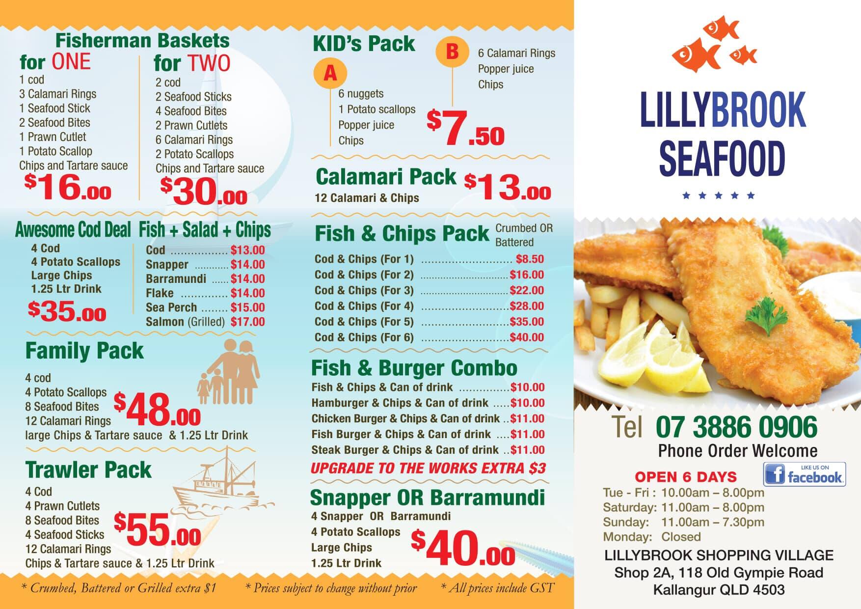 Menu at Lillybrook Seafood restaurant, Kallangur