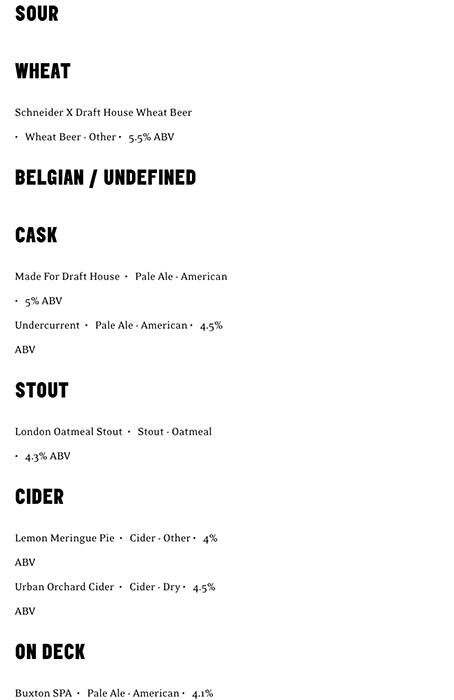 Menu at The Draft House pub & bar, London, 14 - 15 Seething Lane