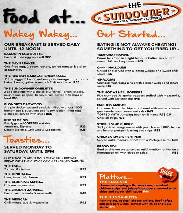 The Sundowner Menu, Menu for The Sundowner, North Riding, Randburg
