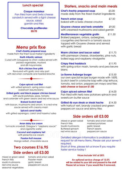 La Bonne Auberge Menu, Menu for La Bonne Auberge, City Centre, Glasgow Zomato UK