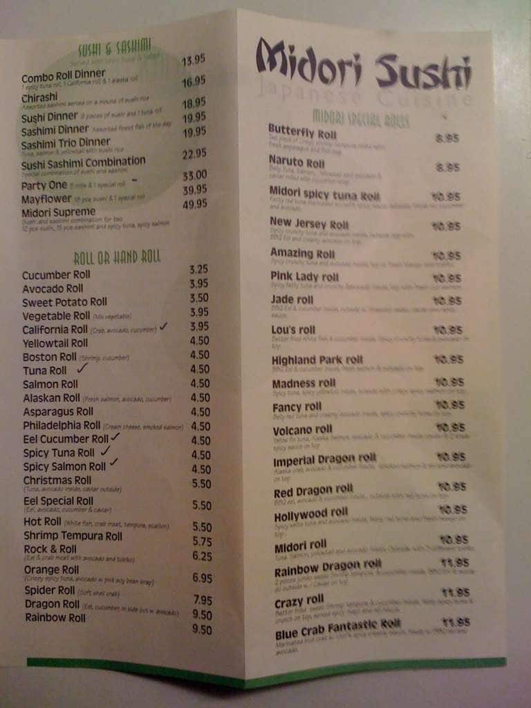 Menu at Midori Sushi Of Highland Park restaurant, Highland Park