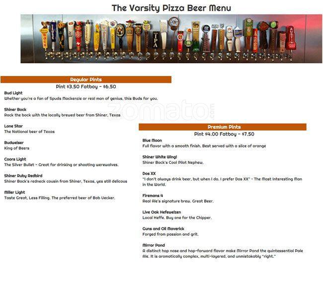 Varsity Pizza and Pints Menu, Menu for Varsity Pizza and Pints