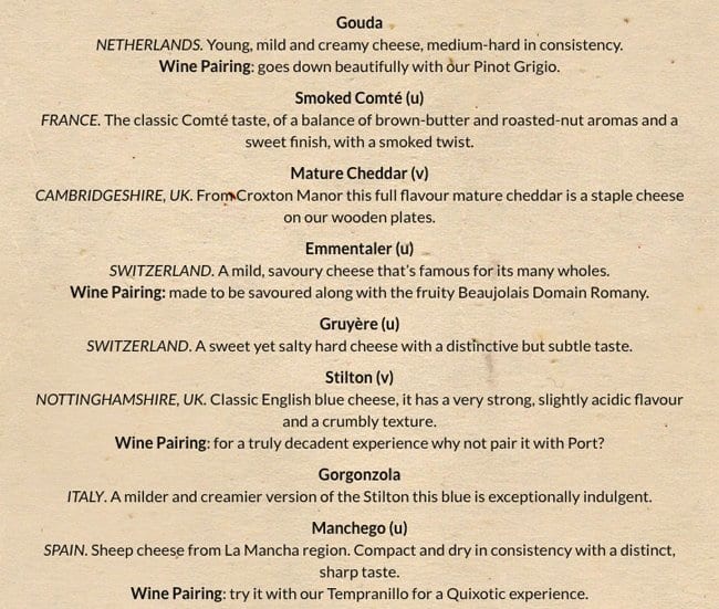 Menu at Gordon’s Wine Bar, London