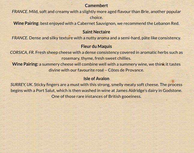 Menu at Gordon’s Wine Bar, London