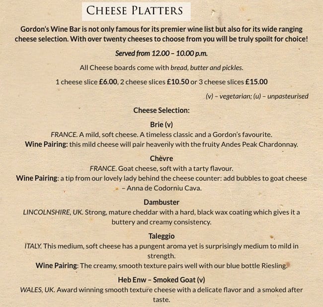 Menu at Gordon’s Wine Bar, London