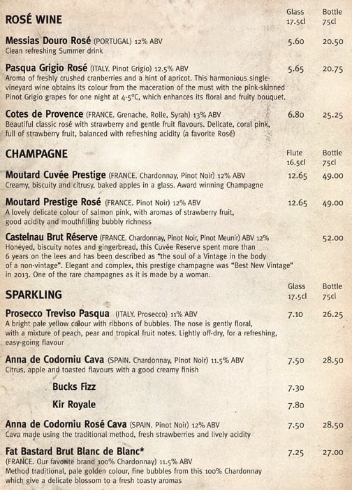 Menu at Gordon’s Wine Bar, London