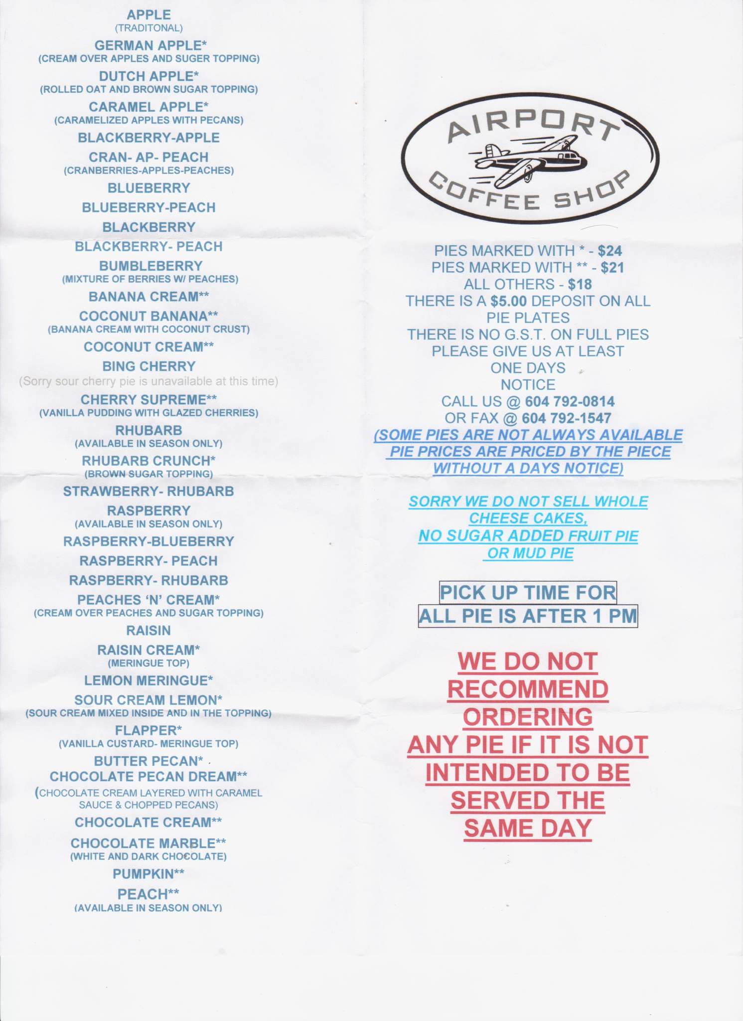 Airport Coffee Shop Menu, Menu de Airport Coffee Shop, Chilliwack