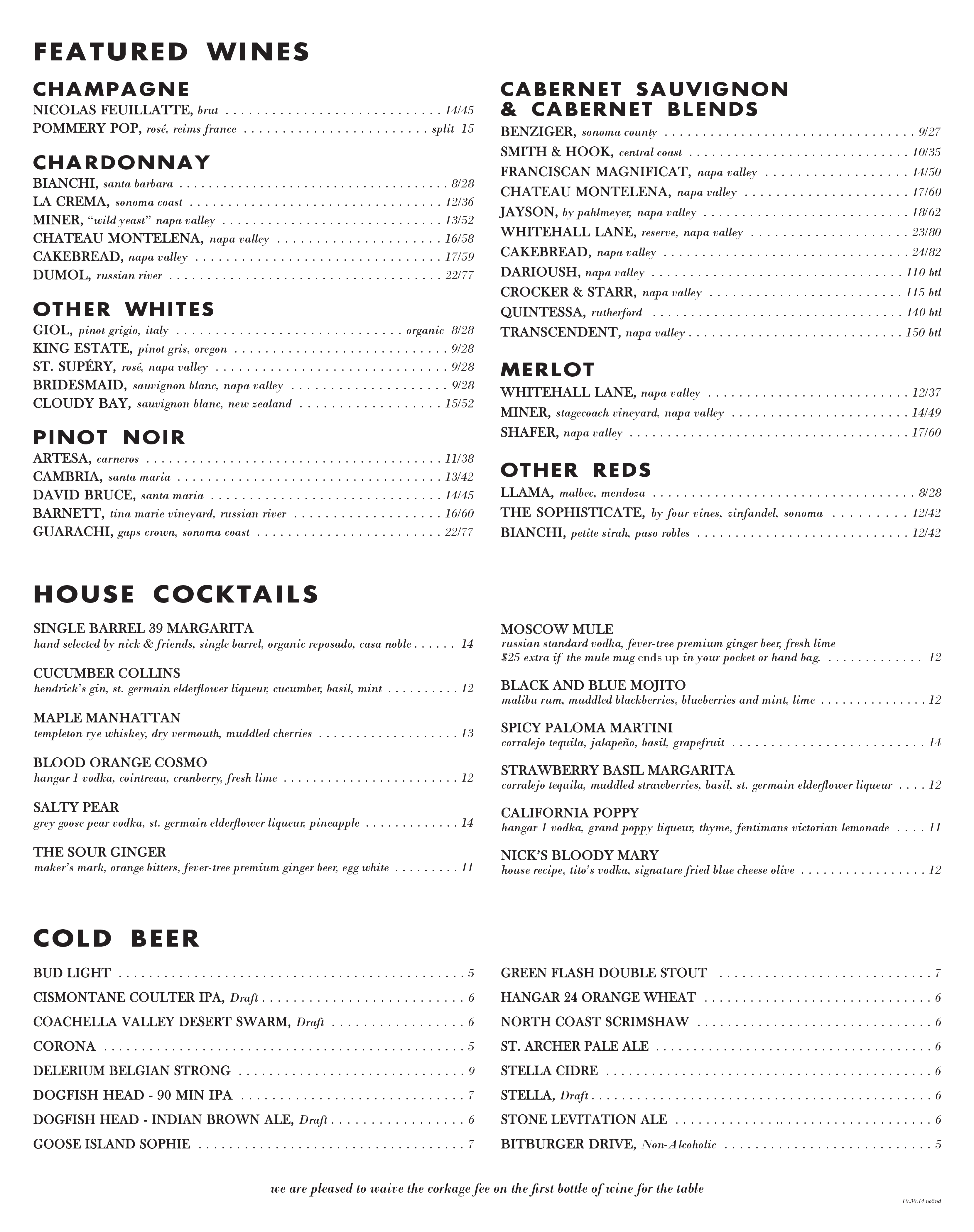 Menu at Nick's on 2nd steakhouse, Long Beach