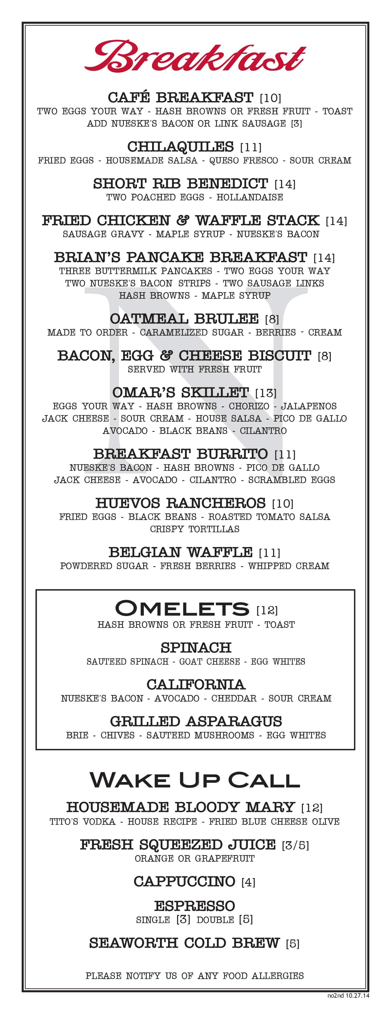 Menu at Nick's on 2nd steakhouse, Long Beach