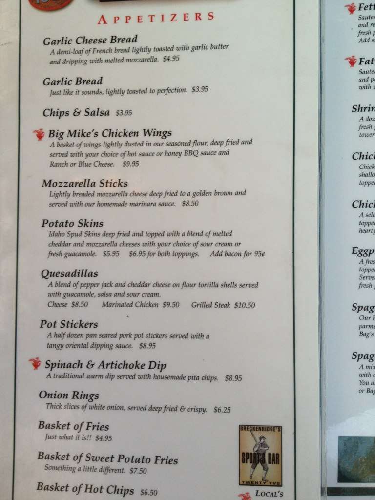 Fatty's Pizzeria menu, Menu restauracji Fatty's Pizzeria, Breckenridge