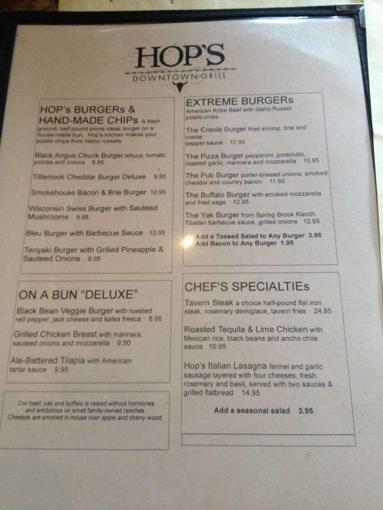 Hop's Downtown Grill menu Urbanspoon/Zomato