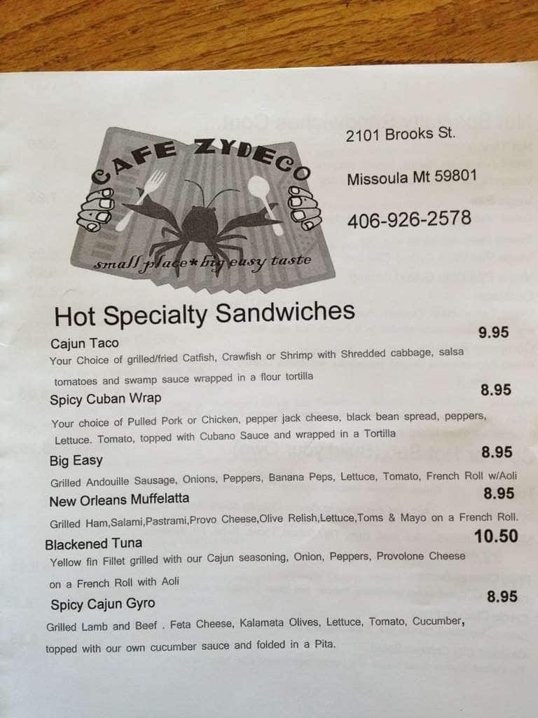 Cafe Zydeco Menu, Menu for Cafe Zydeco, Missoula, Missoula Urbanspoon