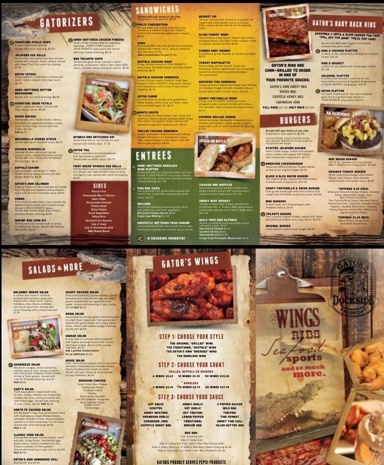 Menu at Gator's Dockside Brownwood pub & bar, The Villages, Meggison Rd