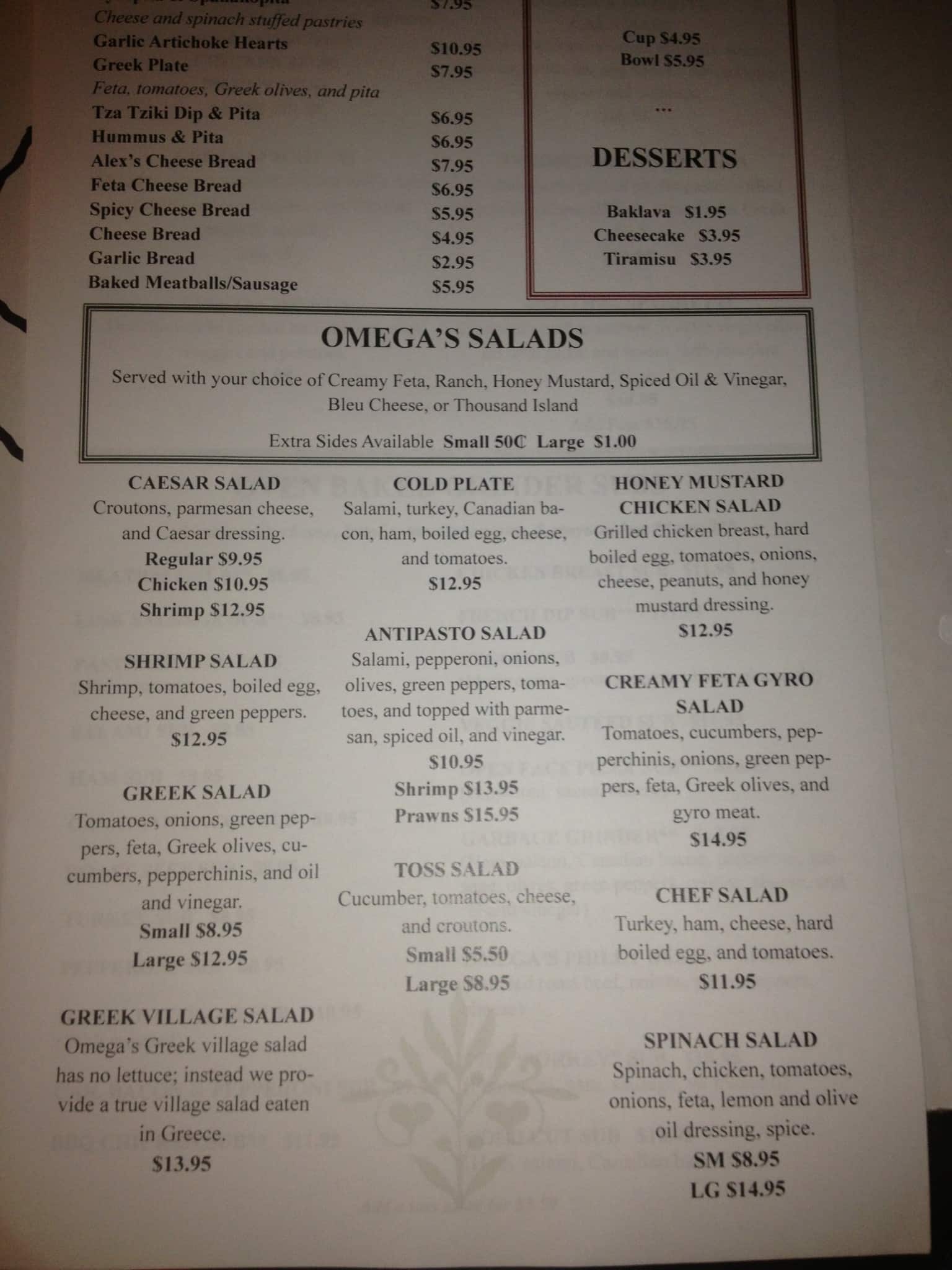 omega pizza menu
