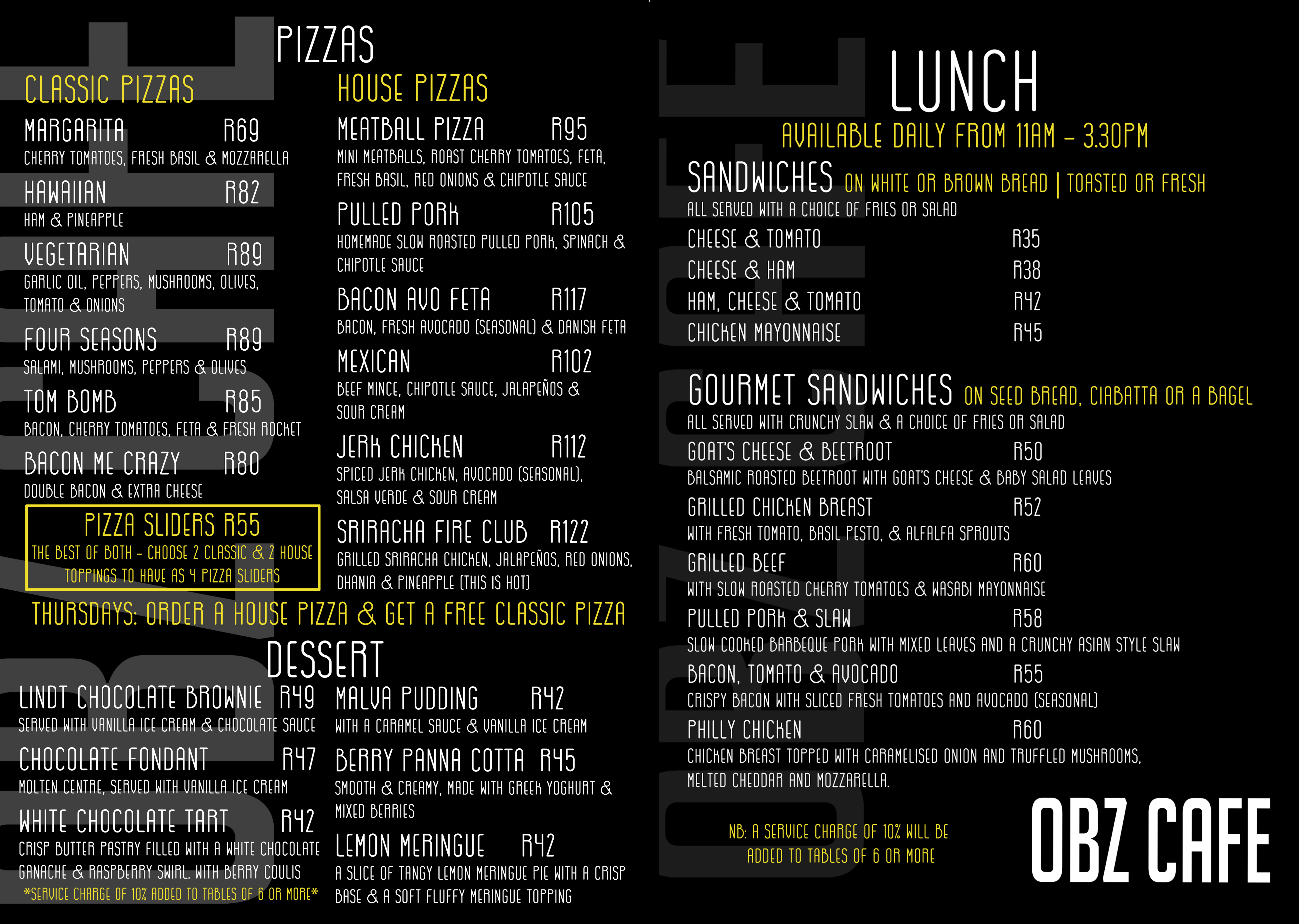 Menu at Obz Cafe, Cape Town