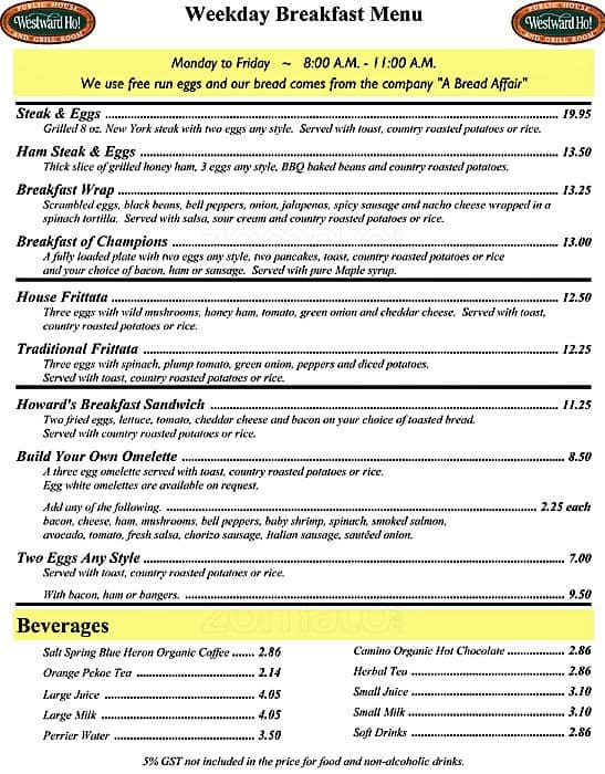 Westward Ho! Menu, Menu for Westward Ho!, UBC, Vancouver - Urbanspoon ...