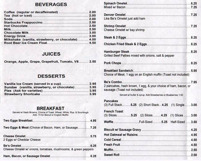 Be's Restaurant menu
