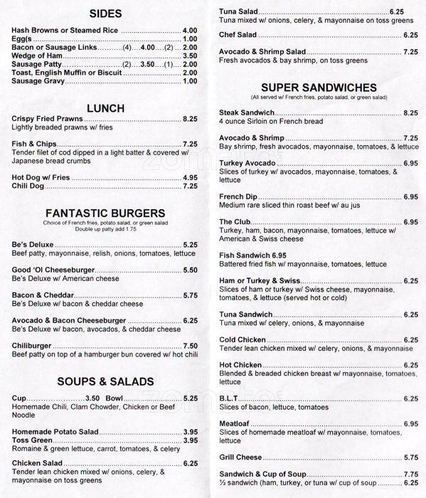 Be's Restaurant menu