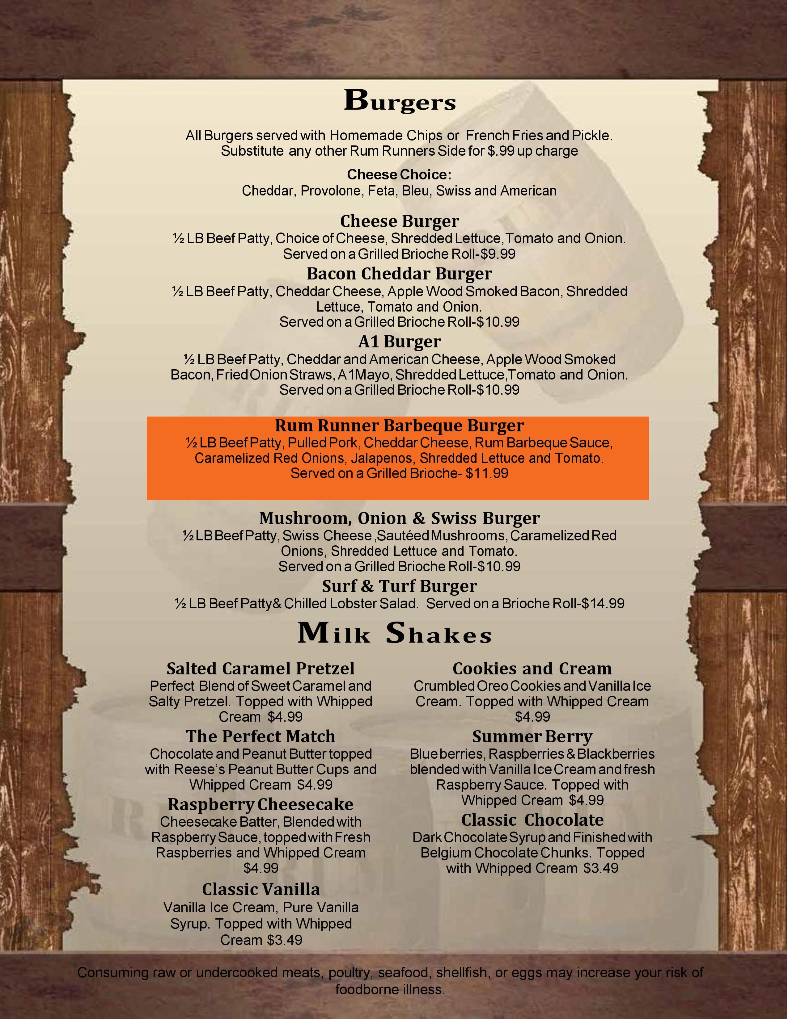 Menu at Rum Runners Saloon pub & bar, Pittsburgh