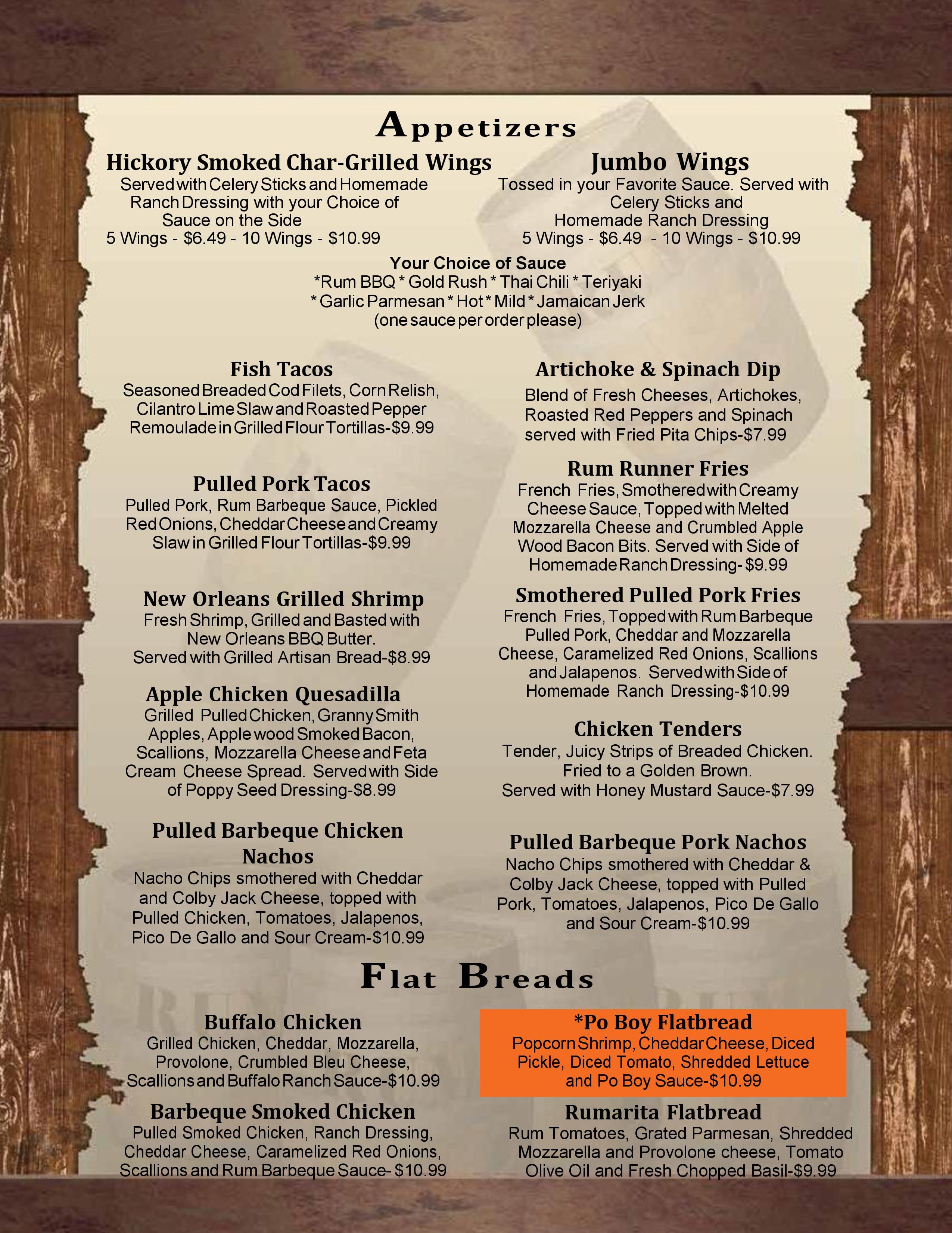 Menu at Rum Runners Saloon pub & bar, Pittsburgh