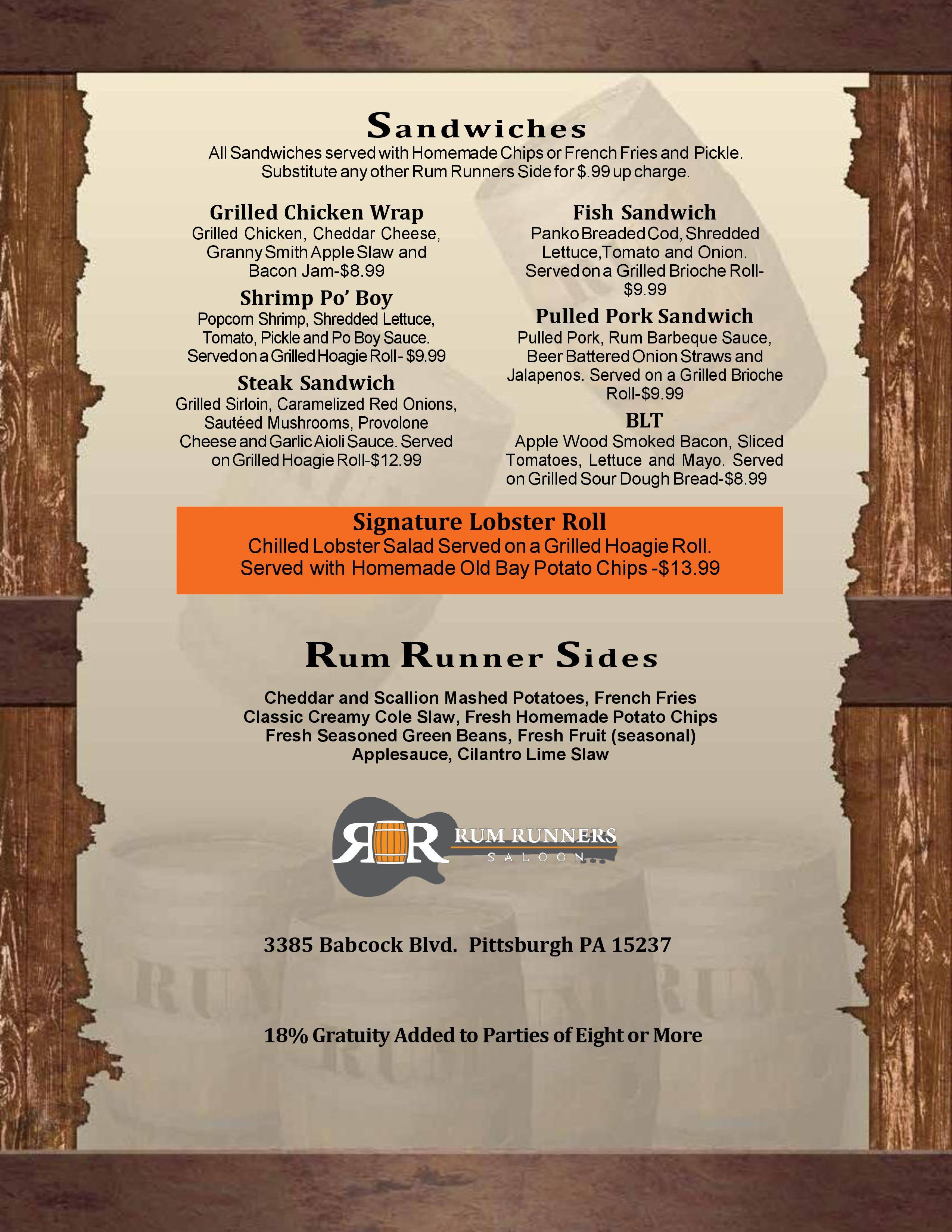 Menu at Rum Runners Saloon pub & bar, Pittsburgh