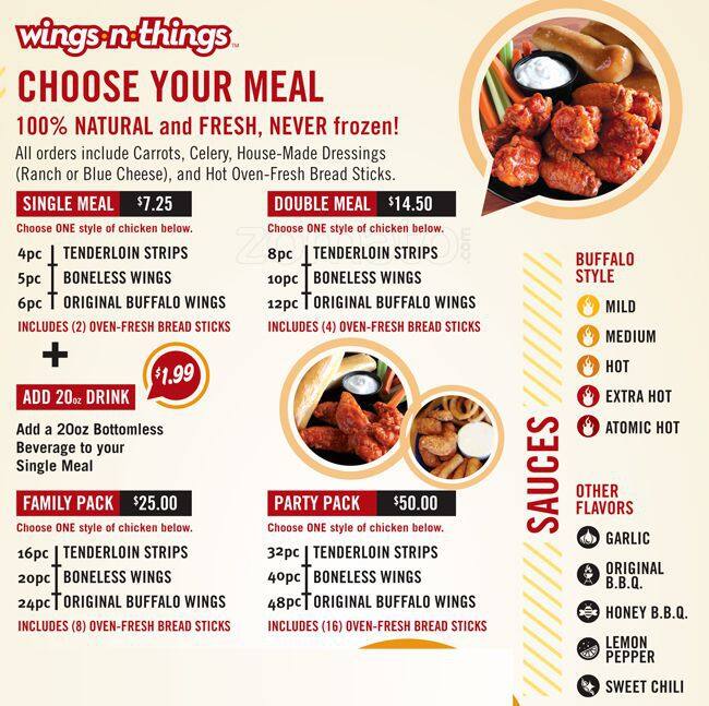 Wings n Things menu, Menu restauracji Wings n Things, Oceanside, San