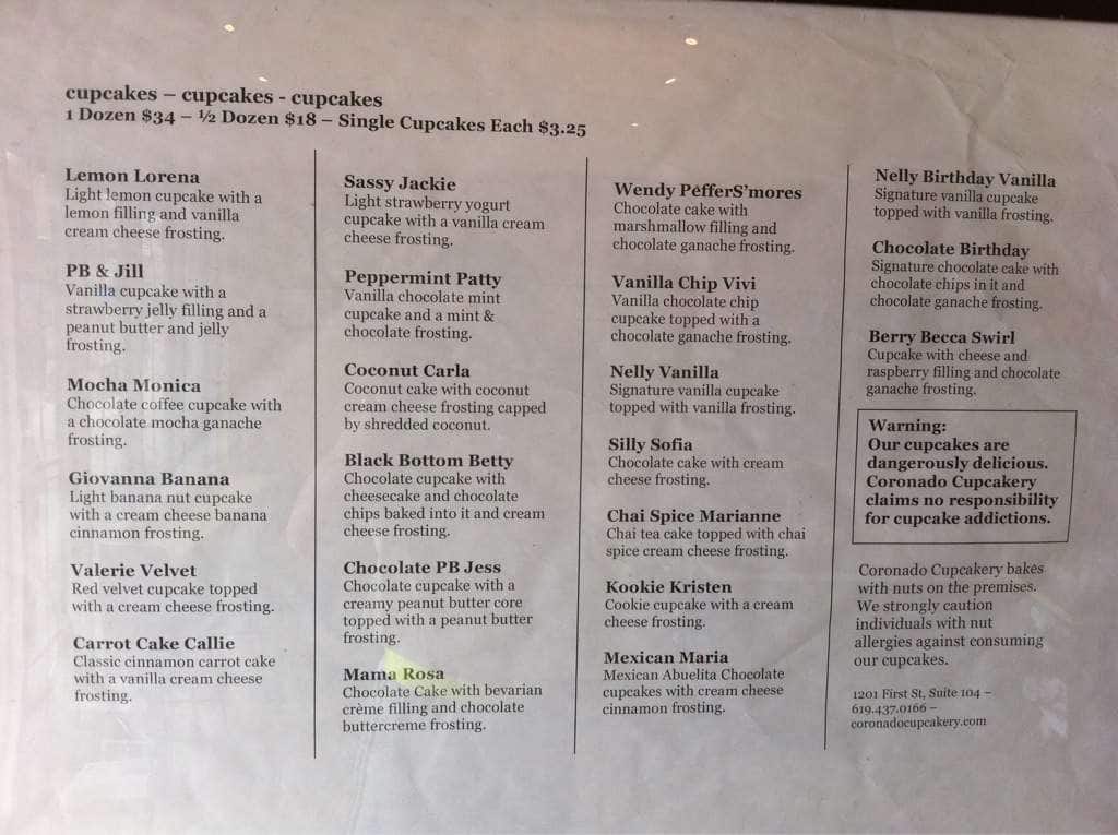 Coronado Cupcakery Menu, Menu for Coronado Cupcakery, Coronado, San
