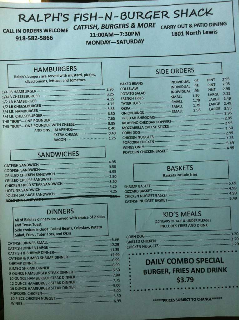 Menu at Ralph's Hot and Juicy Burgers restaurant, Tulsa