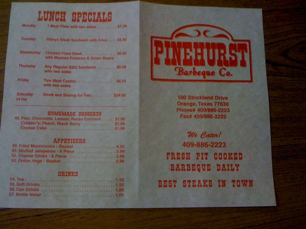 Menu at Pinehurst BBQ, Orange