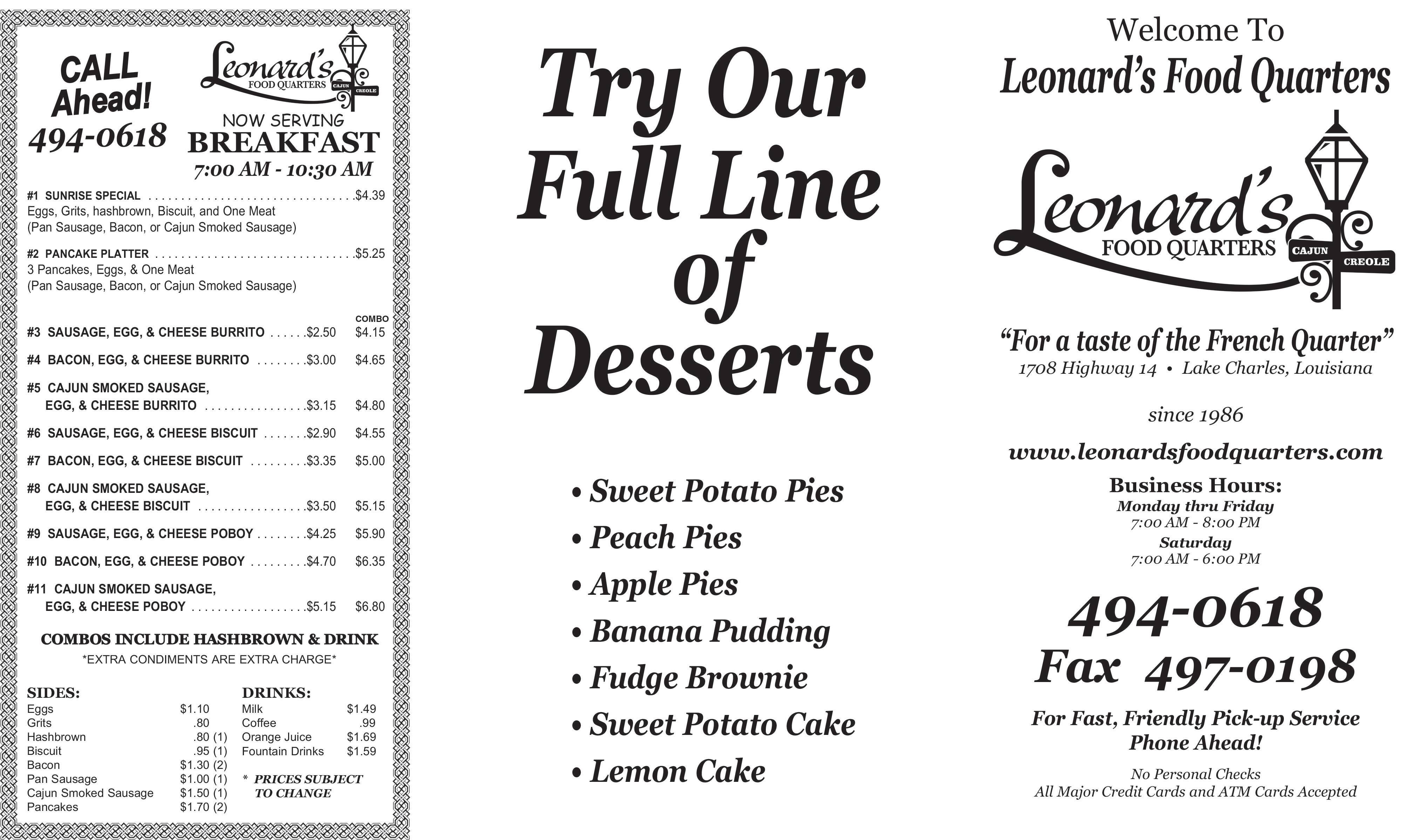 leonard's food quarters menu