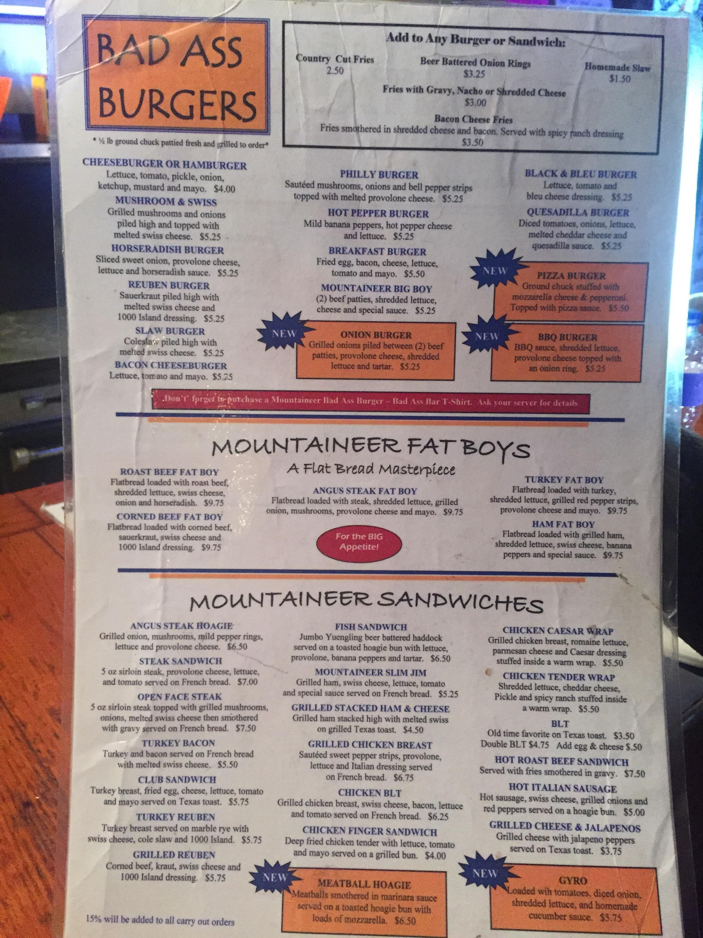 Menu at Mountaineer Bar & Grill Inc, Wheeling