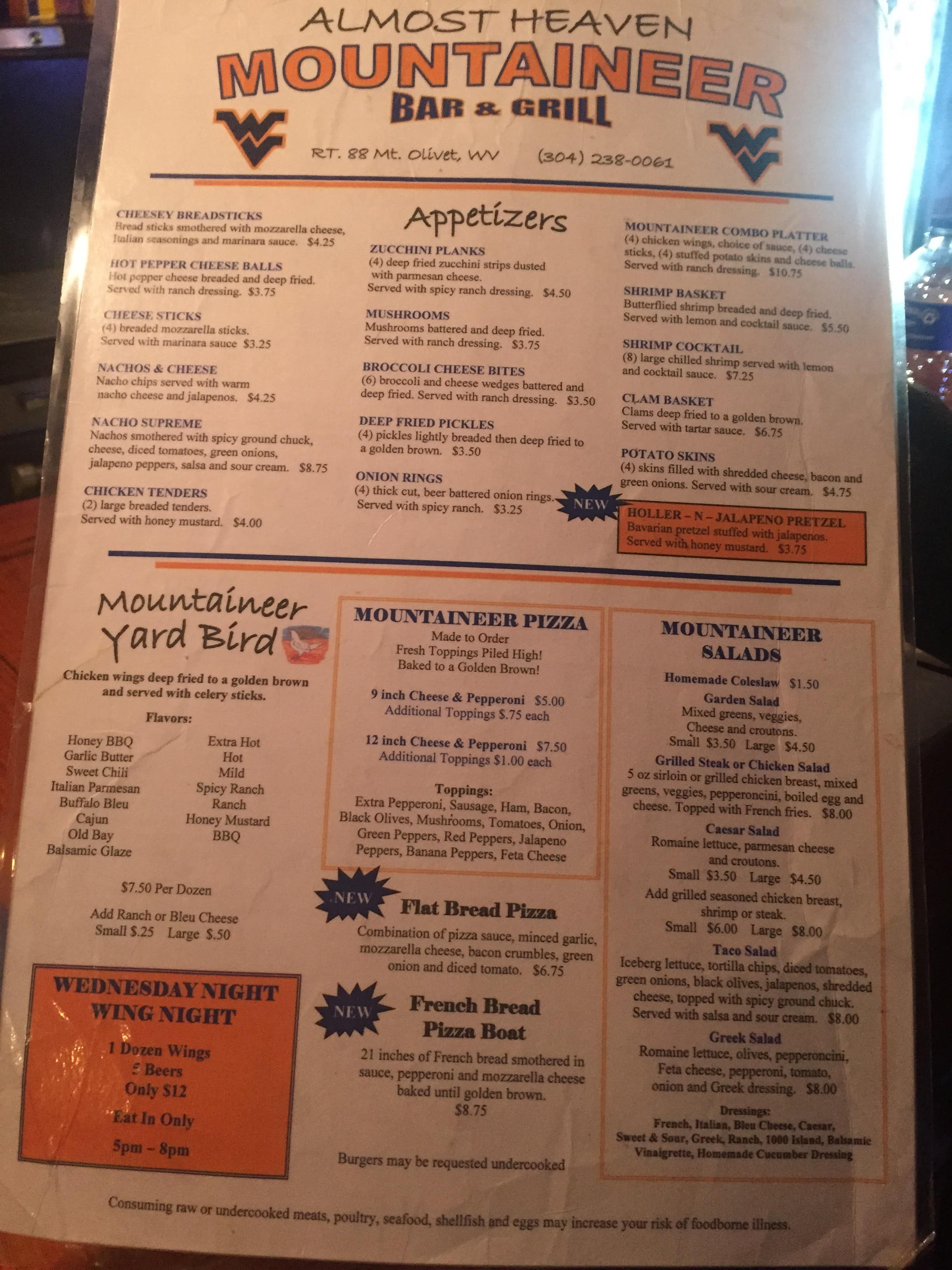 Menu at Mountaineer Bar & Grill Inc, Wheeling