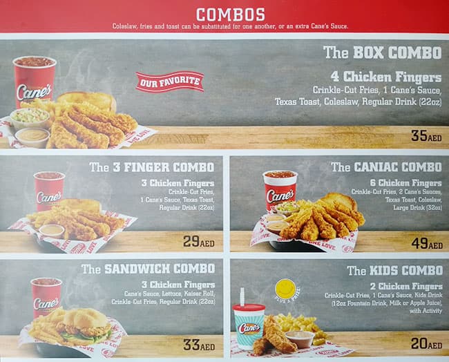 Menu at Raising Cane's restaurant, Dubai