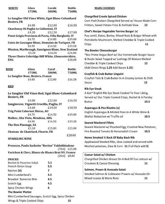 Menu at The Bowler pub & bar, London, 32 Bowling Green Lane