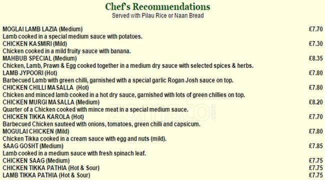 Mahbub Indian Takeaway menu