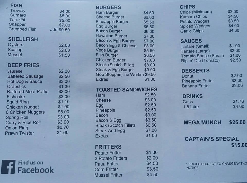 Menu at Sheff's Takeaways restaurant, Hamilton