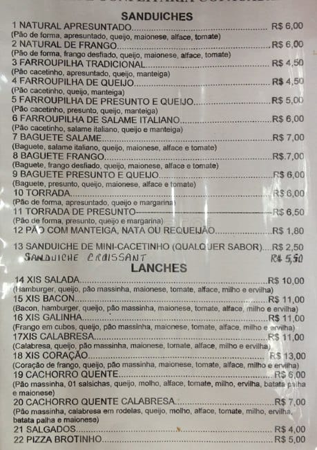 Padaria Copacabana cardápio