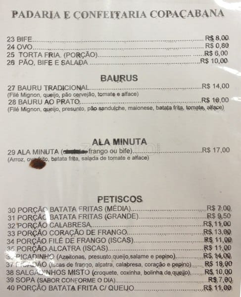 Padaria Copacabana cardápio