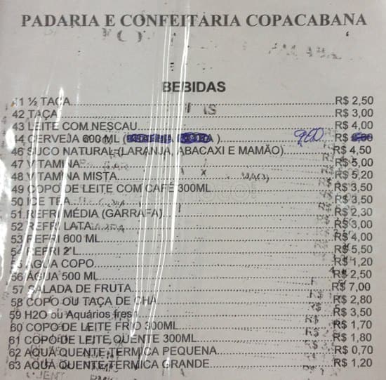 Padaria Copacabana cardápio