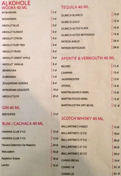 Menu at The Clash restaurant, Warsaw