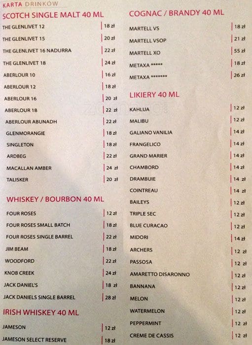 Menu at The Clash restaurant, Warsaw